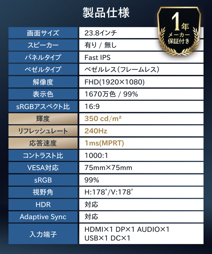 【モニター選びで迷わない 高スペック】ONPU プレミアムビューモニター 23.8インチ｜スピーカー有無 選べる2モデル