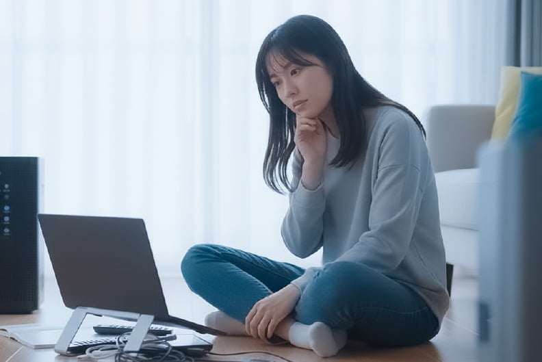 高性能家電を購入したが、機能が複雑すぎて使いこなせなくて悩む女性